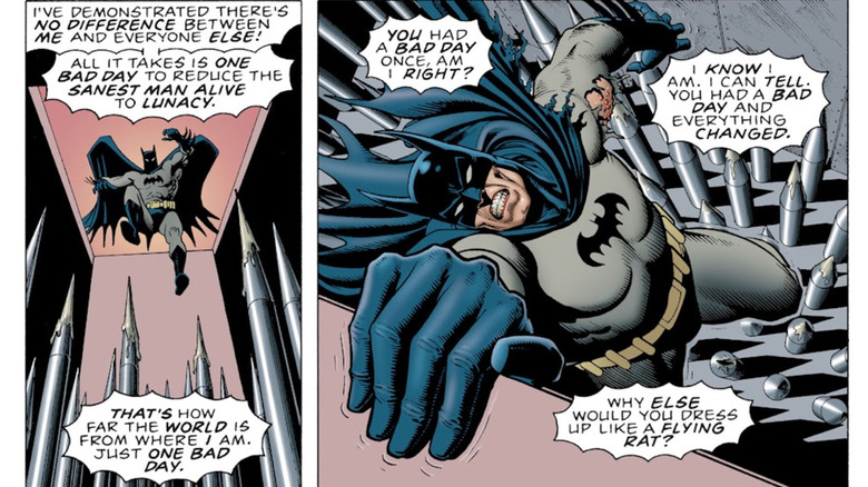 Joker speaking to Batman who escapes a trap in "Batman: The Killing Joke" (1988)