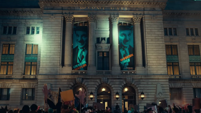 Wayne Hall with posters for "Modern Times" hanging in front