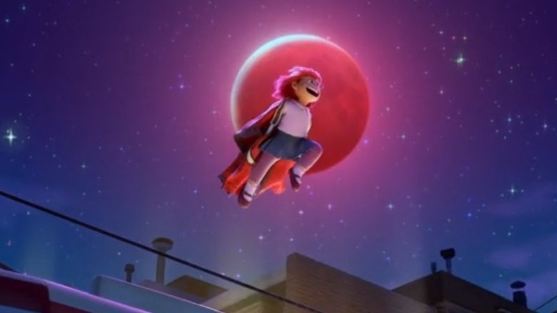 Mei jumps over buildings