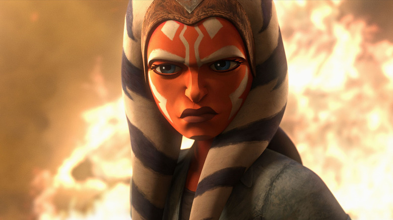 Ahsoka Tano glaring with fire in background