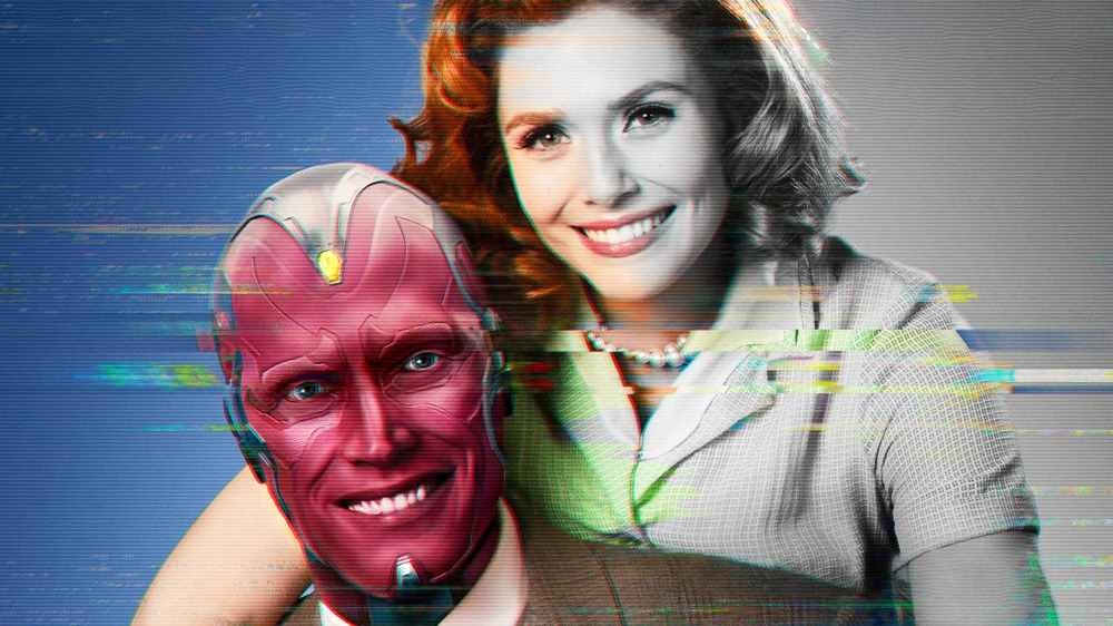 Wanda and Vision smiling, half in black and white and half in color