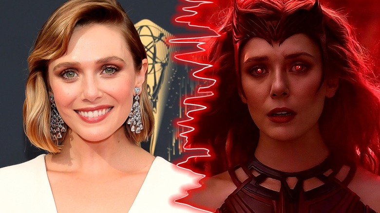 Elizabeth Olsen smiling and the Scarlet Witch looking sad