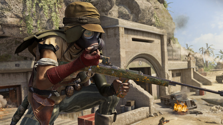 Call of Duty player with gas mask and rifle