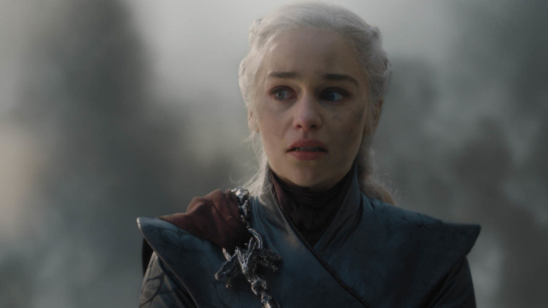 Daenerys scowling on Drogon in Game of Thrones