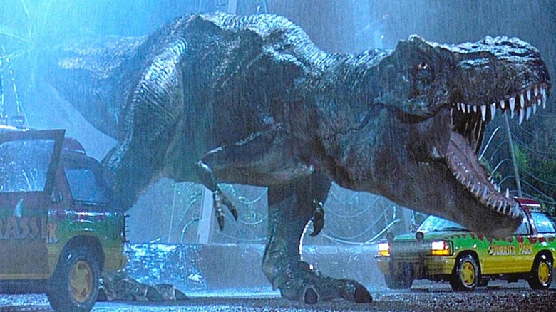 The T-Rex roars in Jurassic Park