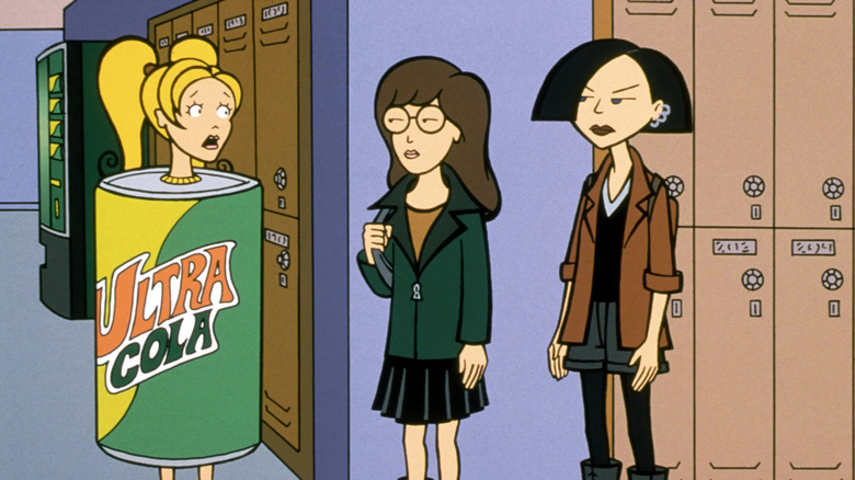 Daria Morgendorffer and Jane Lane stare at Brittany in a soda can costume in Daria
