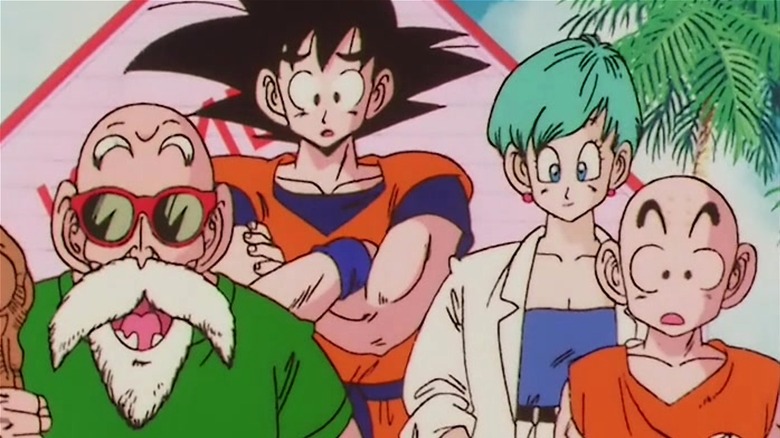 Roshi, Goku, Bulma, and Krilin looking surprised in DBZ