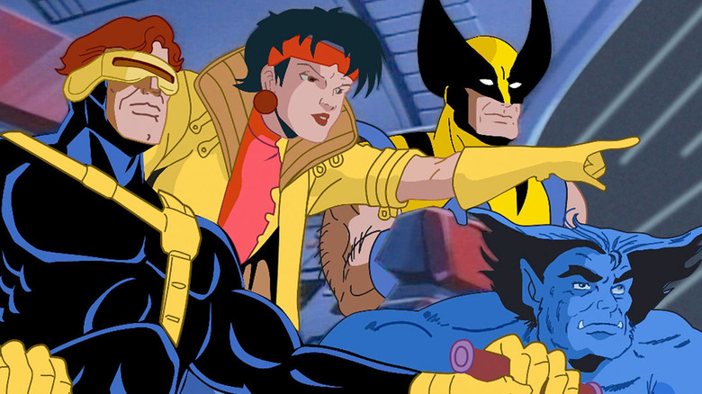 Cyclops, Jubilee, Wolverine, and Beast look forward huddled together in X-Men: The Animated Series.