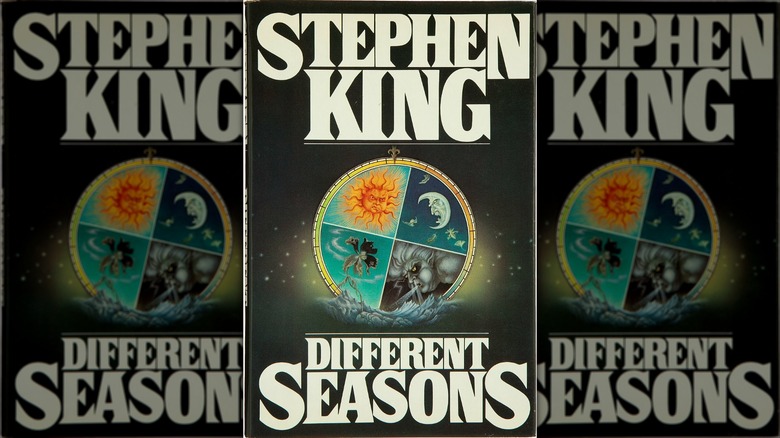 A medallion features a sun, a moon, a face blowing wind, and a wilted flower on the cover of "Different Seasons" (1982)