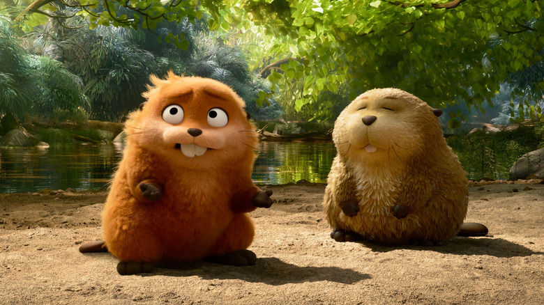 Mabel and Loaf having a conversation by a pond in "Hoppers" (2026)