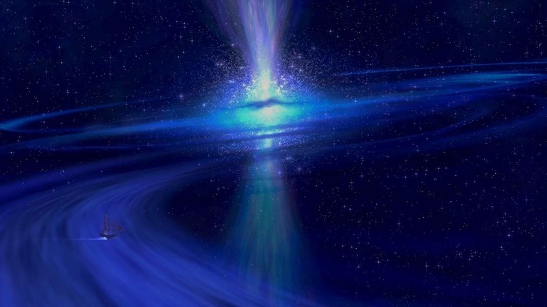 A ship travels through space