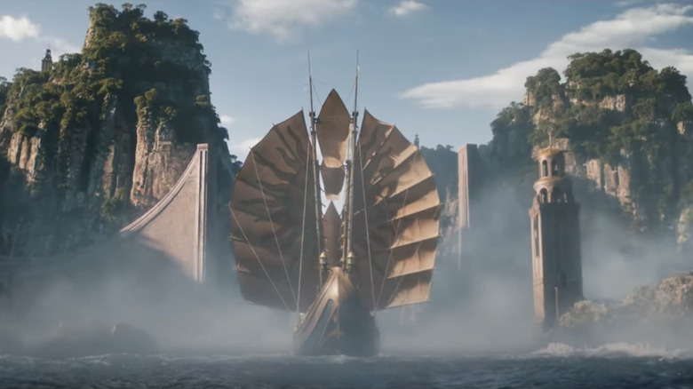 A ship arrives off of the island of Númenor in The Rings of Power