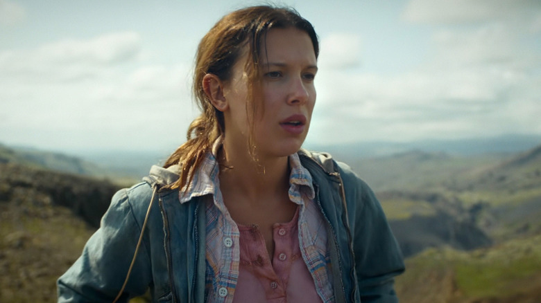 Eleven on a mountaintop on Stranger Things