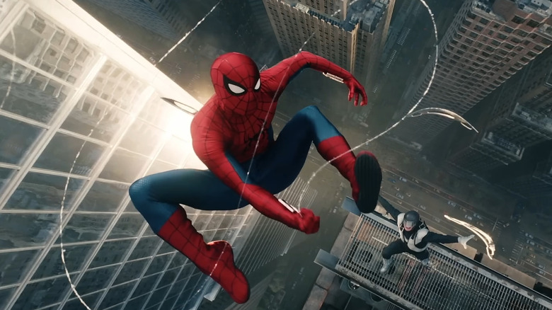 Spider-Man swinging through the air in Spider-Man: Brand New Day