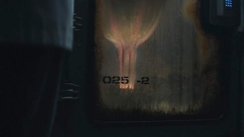 The mysterious, plant-like specimen hanging from the top of its specimen container being transported into Neverland