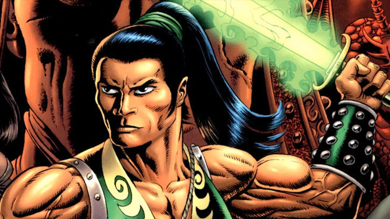 Jong Li holding green sword overhead