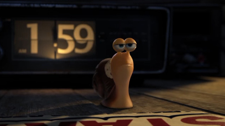 An animated snail stands in front of an alarm clock