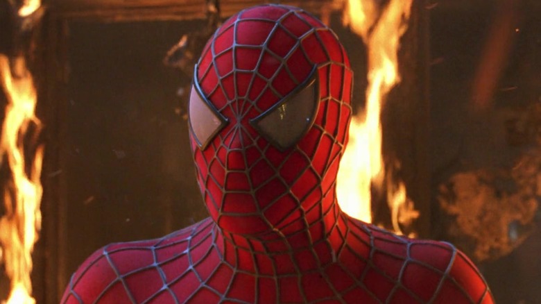 Spider-Man in burning building in "Spider-Man" (2002)