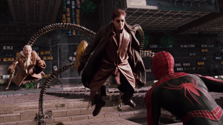 Spider-Man confronting Doc Ock with Aunt May in "Spider-Man 2" (2004)