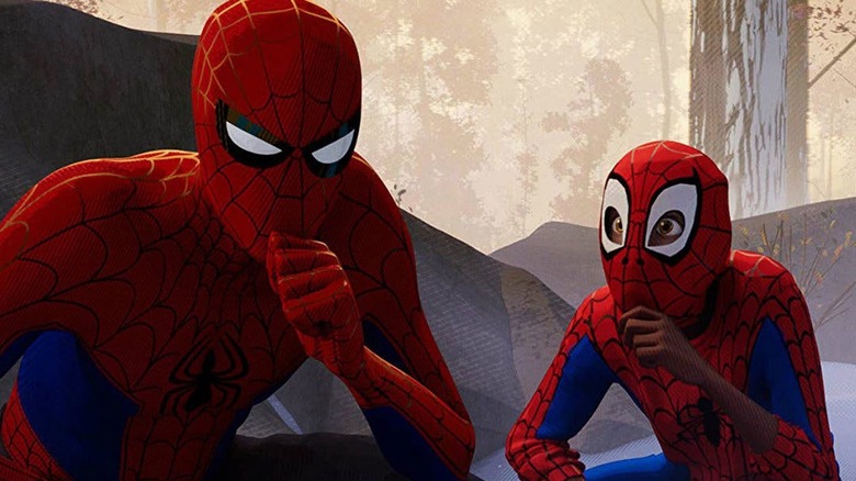 Peter B. Parker and Miles Morales thinking in woods in "Spider-Man: Into the Spider-Verse" (2018)