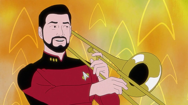 Riker plays trombone in a psychedelic jazz band on Star Trek: Very Short Treks (2023)