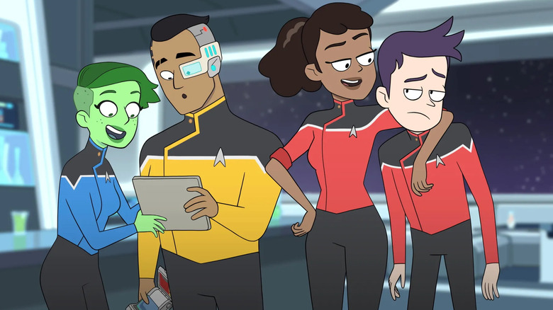 Tendi, Rutherford, Mariner, and Boimler socialize in the lounge in Star Trek: Lower Decks