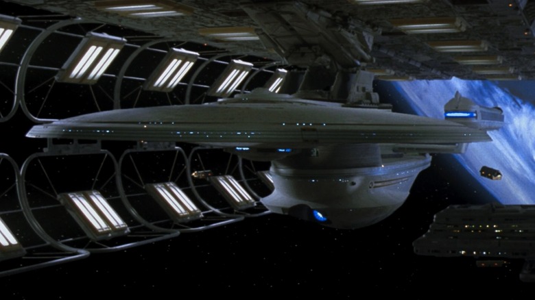 The USS Enterprise NCC-1701-B in spacedock orbiting Earth in "Star Trek: Generations"