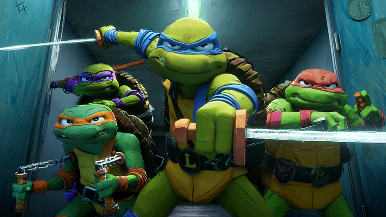 The Ninja Turtles bursting onto the scene in "Teenage Mutant Ninja Turtles: Mutant Mayhem" (2023)