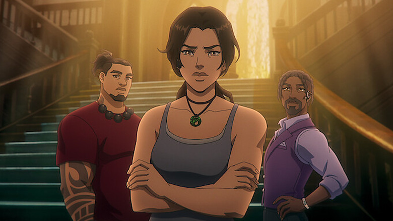 The cast of "Tomb Raider: The Legend of Lara Croft" pose