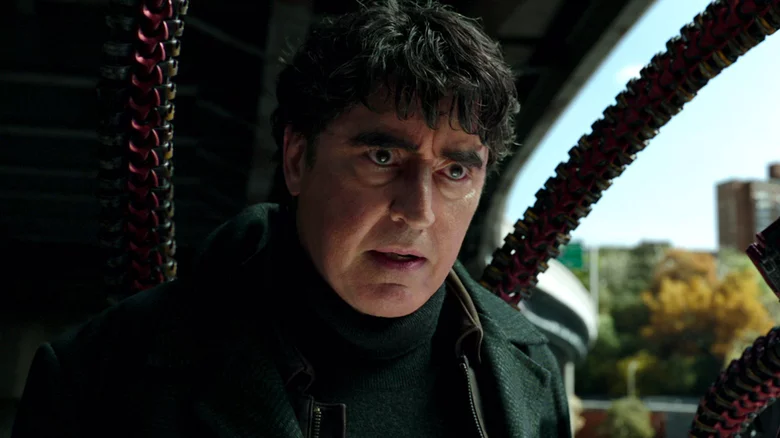 2. Doctor Octopus: This perplexing Spider-Man Villain is the most seamless performance in the movie. His character arc is slightly repeated. But Molina pulls it off brilliantly. Octavius was a good man who overstepped the law (a tad too much). He used illegal means and violence to achieve his goals. We see the good side towards the end. His journey back to light is an absolute pleasure.