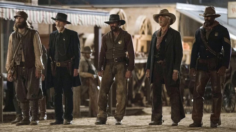 Josef, Jim Courtright, James Dutton, Shea Brennan, and Thomas walk on the streets of Fort Worth on "1883" (2021-2022)