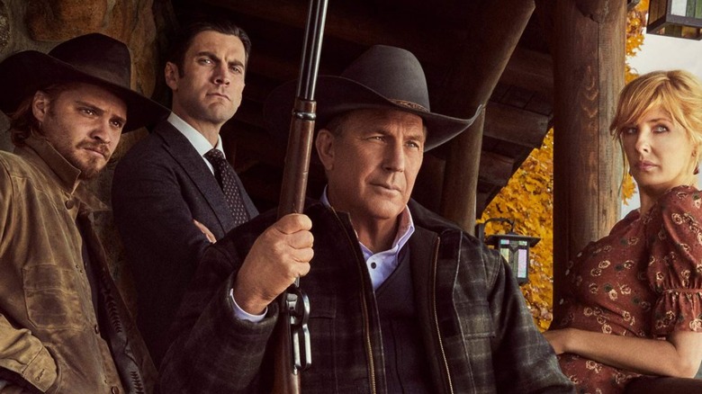 John Dutton surrounded by his children, Kayce, Jamie, and Beth, on "Yellowstone" (2018-2024)