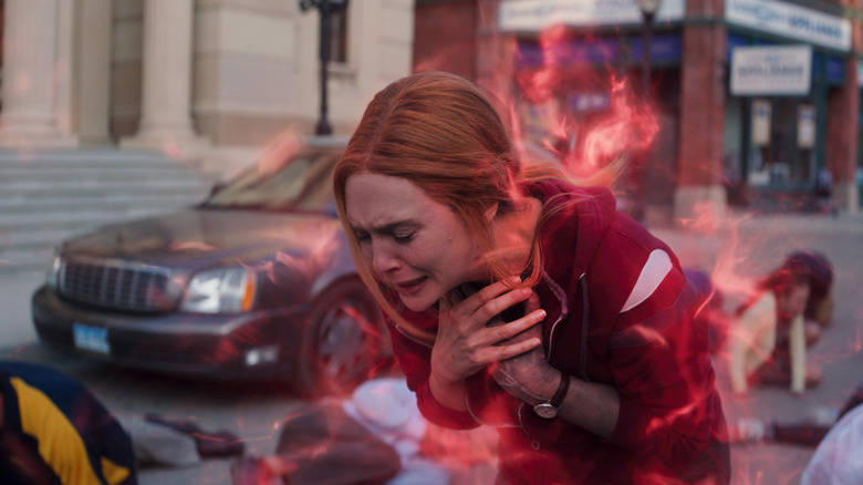 Wanda Maximoff with red magic emanating around her on WandaVision