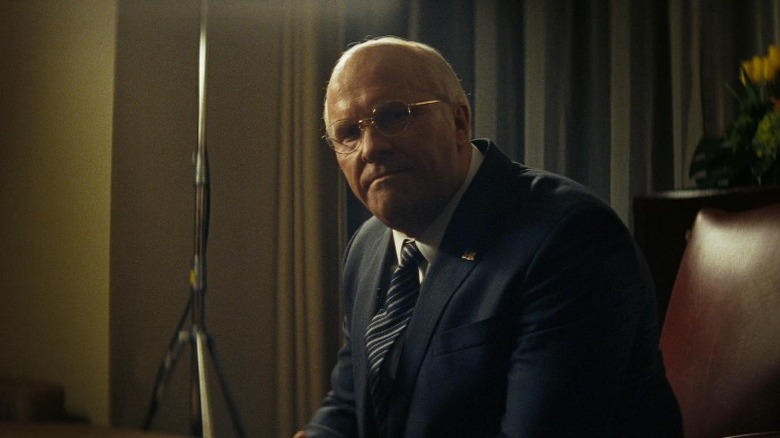 Christian Bale as Dick Cheney looking directly at camera