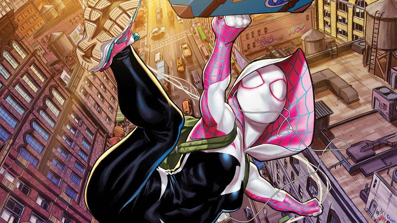 Spider-Gwen swinging with suitcase