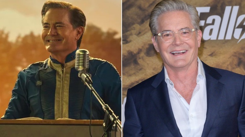 Hank MacLean smiling at podium split with grinning Kyle MacLachlan