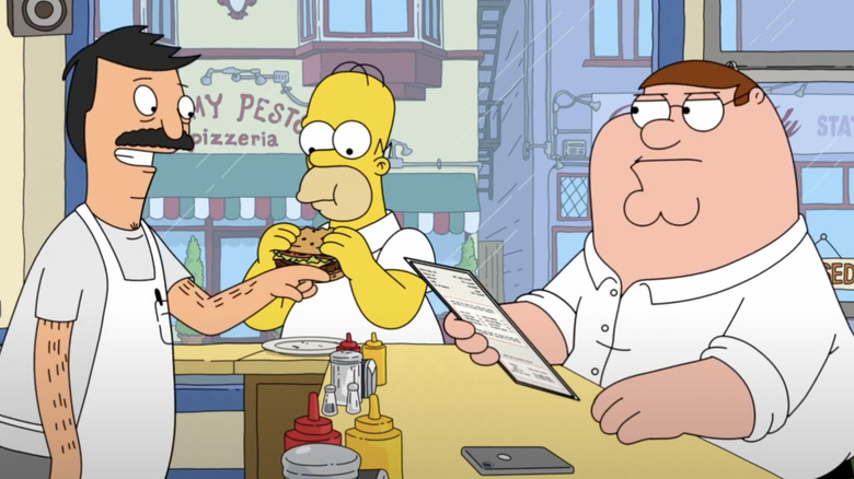 Bob explains the menu to Peter while Homer eats a burger