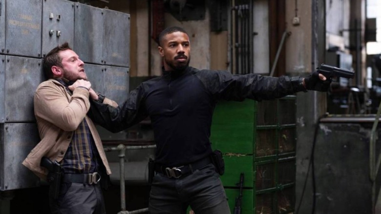 Michael B Jordan choking Jamie Bell in Tom Clancy's Without Remorse