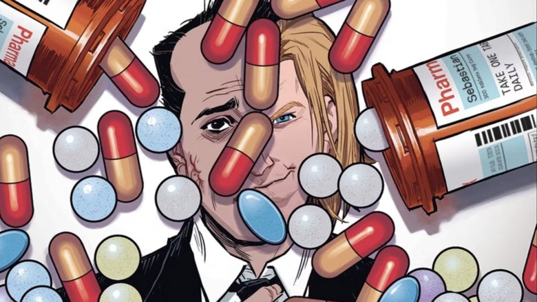 Split panel of Sebastian and Tyler covered in pills