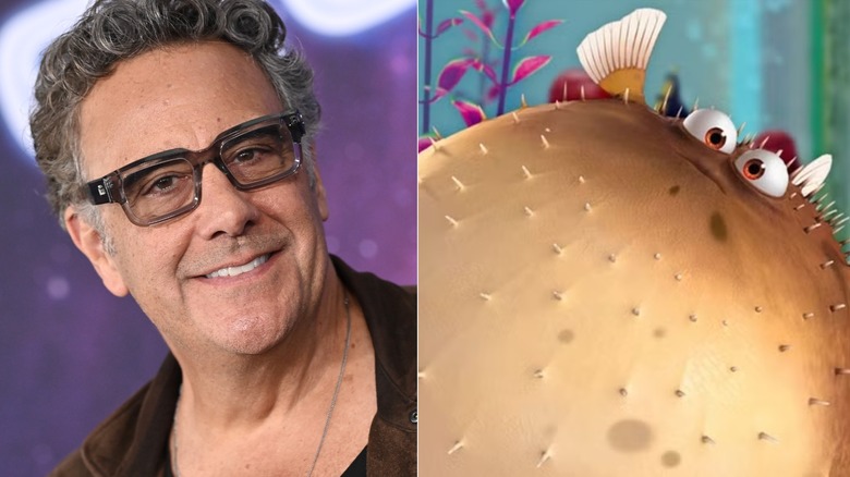 Brad Garrett and Bloat all puffed up in the tank in Finding Nemo