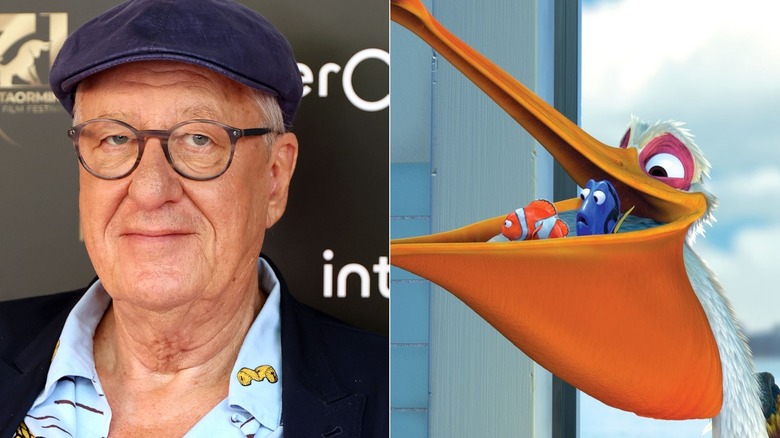 Geoffrey Rush and Nigel holding Marlin and Dory in his beak in Finding Nemo