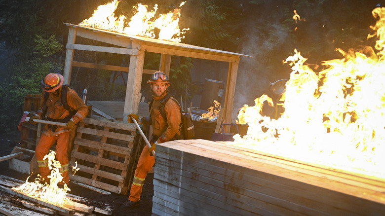 Crews fighting a fire