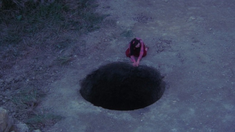 Sue Tokito kneeling in front of a hole in Farewell to the Ark
