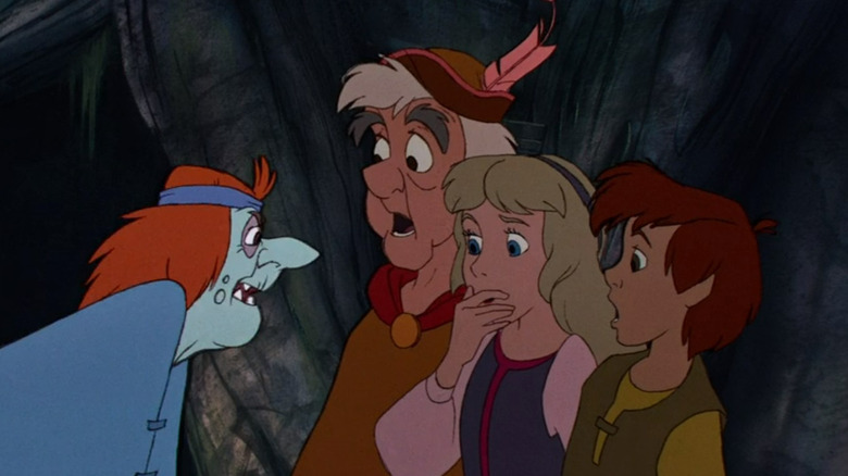 Orddu chastising Fflewddur, Eilonwy, and Taran