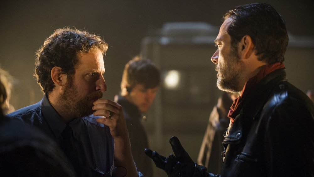 Scott Gimple and Jeffrey Dean Morgan on set of The Walking Dead