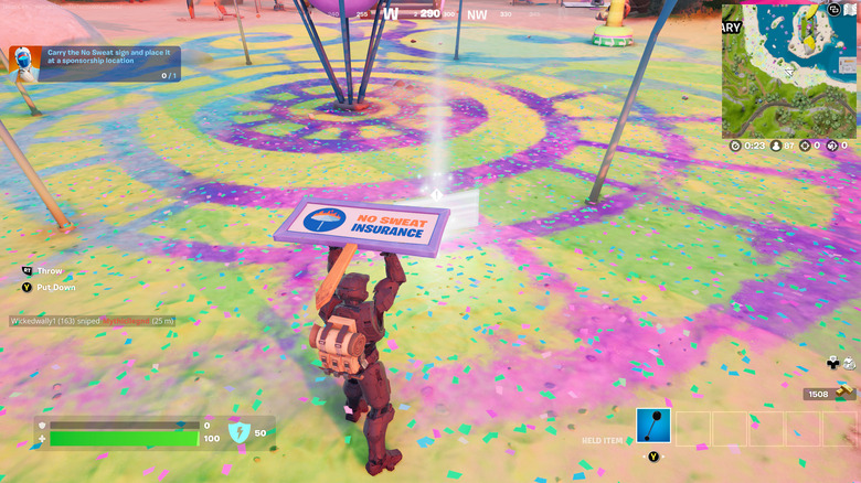 Fortnite Master chief holding no sweat insurance sign