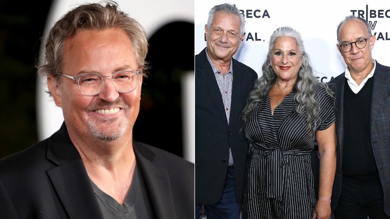Matthew Perry smiling and Marta Kauffman, David Crane, and Kevin Bright together 