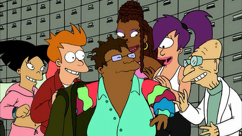 Hermes taking off his jacket, revealing a colorful blouse underneath, as the Planet Express crew cheers him on in "Futurama"