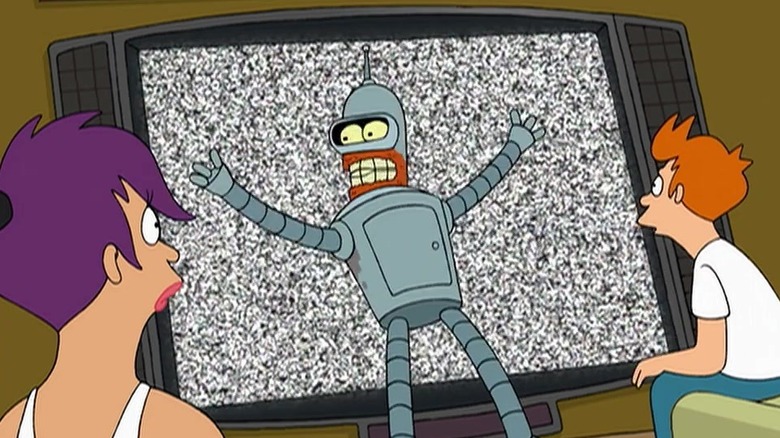 A rusted Bender standing in front of a static TV while Fry and Leela look up at him in concern in "Futurama"