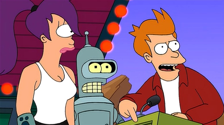 Leela and Bender watching Fry answer trivia